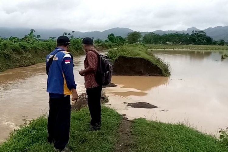 Tanggul sungai yang jebol di Desa Tunggangri Kecamatan Kalidawir., Kabupaten Tulungagung, Jawa Timur, Jumat (12/11/2021). 