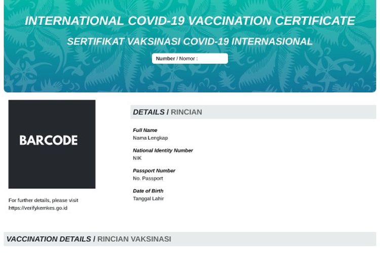 Tangkapan layar sertifikat vaksin internasional standar WHO yang dikeluarkan Kemenkes.