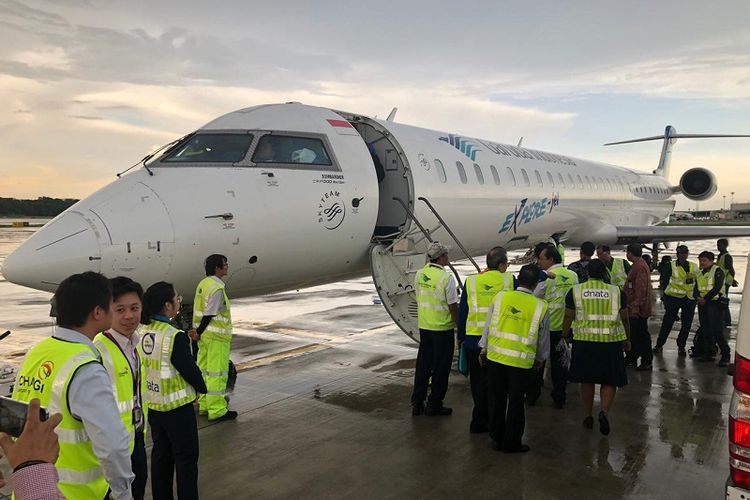 Penerbangan perdana Singapura-Tanjung Pandan siap lepas landas di Bandar Udara Internasional Changi, Senin (30/10/2018).