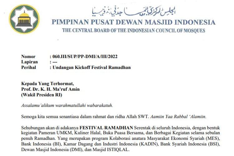 Surat yang diduga dipalsukan oleh Arief Rosyid berisi permintaan kepada Wakil Presiden Ma'ruf Amin menghadiri acara Kickoff Ramadhan. Ketua Umum DMI Jusuf Kalla mempersoalkan surat itu karena menggunakan tanda tangan tanpa izin.