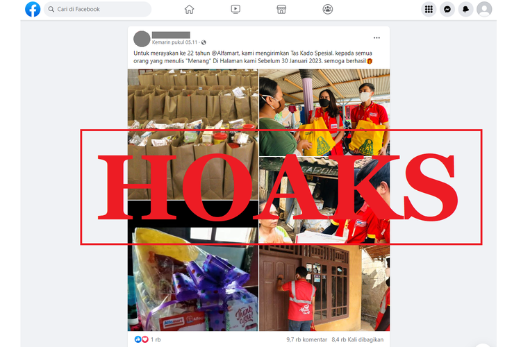 Tangkapan layar unggahan dengan narasi hoaks di sebuah akun Facebook, Kamis (26/1/2023), soal pembagian kado tas spesial dalam rangka ulang tahun ke-22 Alfamart.