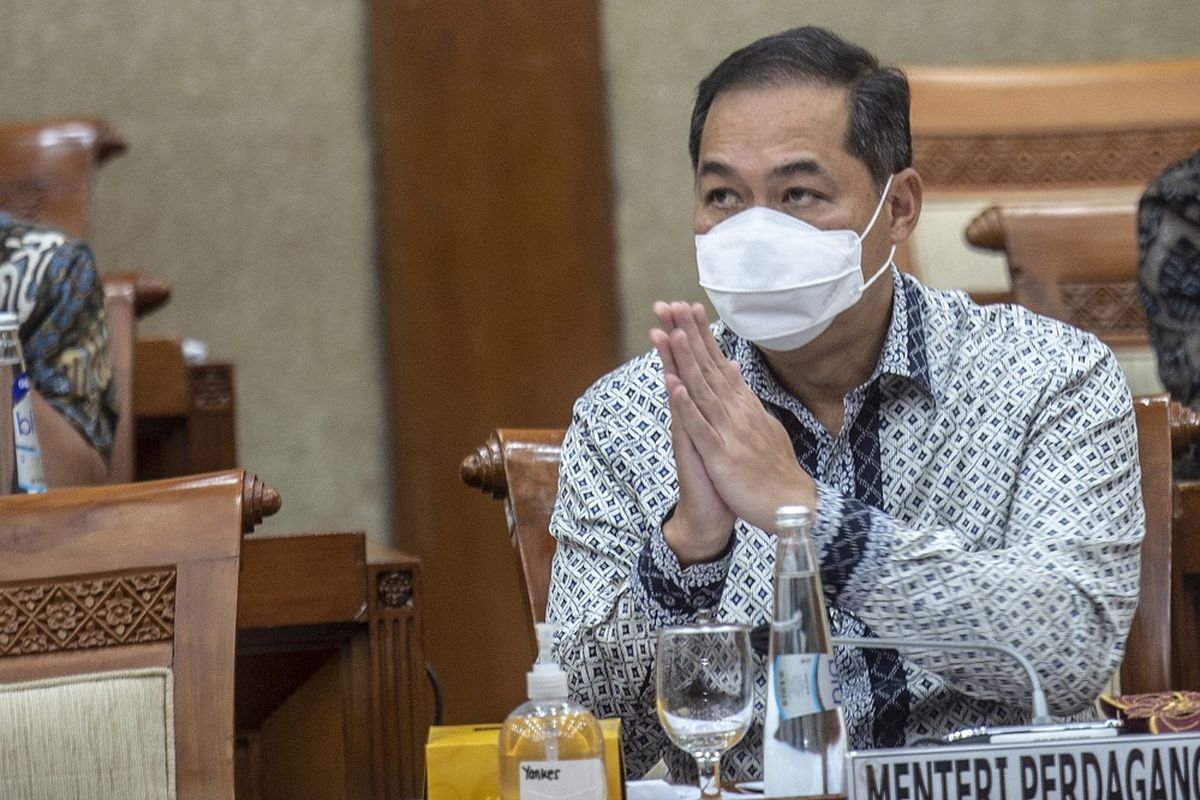 Menteri Perdagangan M Lutfi mengikuti Rapat Kerja (Raker) dengan Komisi VI DPR di komplek Parlemen, Jakarta, Kamis (17/3/2022). Dalam rapat tersebut M Lutfi memberikan penjelasan terkait persoalan minyak goreng serta soal dihapusnya Harga Eceran Tertinggi (HET). ANTARA FOTO/Muhammad Adimaja/hp.
