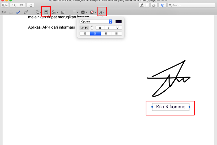 Ilustrasi cara menambahkan nama terang tanda tangan digital di PDF lewat aplikasi bawaan Preview.