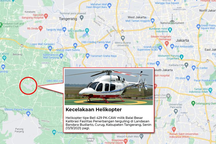 Lokasi helikopter terguling di Landasan Bandara Budiarto, Curug, Kabupaten Tangerang, Senin (13/9/2021) pagi.