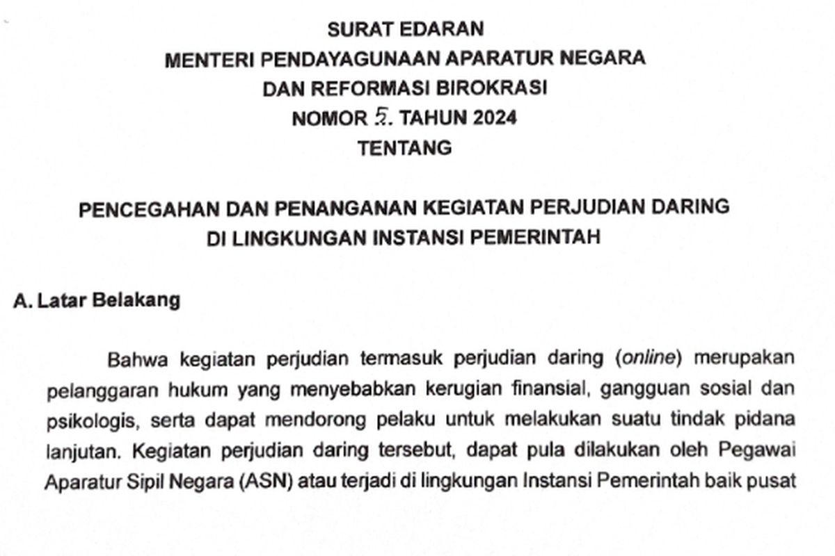 Menpan-RB Terbitkan Surat Edaran, Tindak Tegas ASN Pelaku Judi 