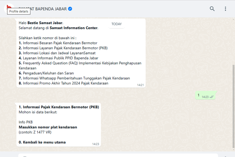 Cek pajak kendaraan lewat aplikasi WhatsApp