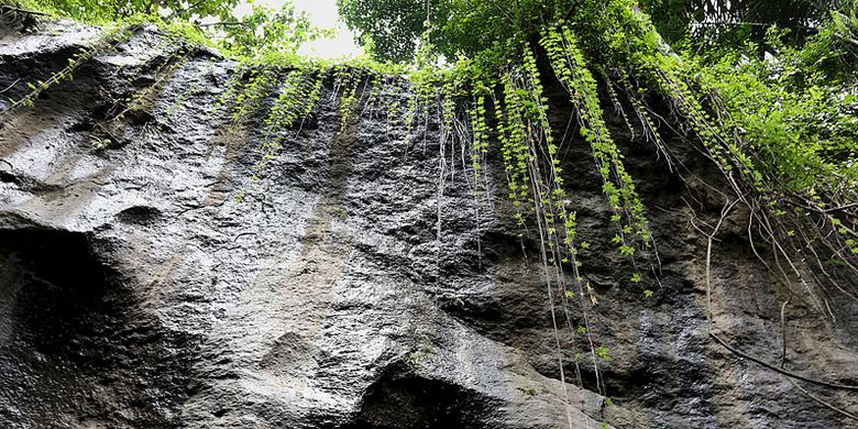 Tebing tinggi di tepian sungai di Hidden Canyon Beji Guwang, Gianyar, Bali.