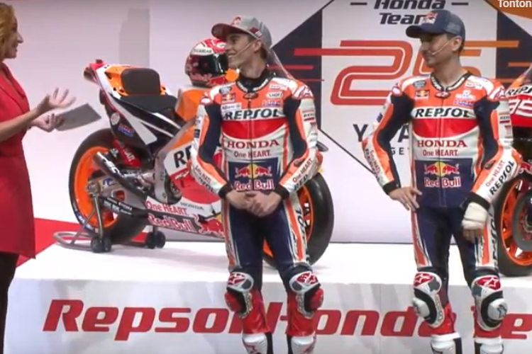 Peluncuran motor balap baru tim Repsol Honda untuk MotoGP 2019 di Madrid, Spanyol, Rabu (23/1/2019) pagi atau sore WIB. Peluncuran motor RC213V tersebut dihadiri langsung duet pebalap Marc Marquez dan Jorge Lorenzo.