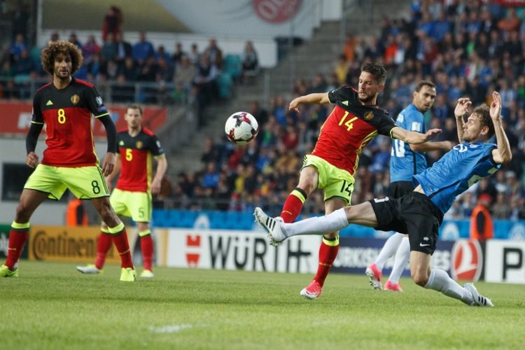 Dries Mertens (14) mencetak gol Belgia ke gawang Estonia Kualifikasi Piala Dunia 2018 zona Eropa di Grup H, Jumat (9/6/2017).