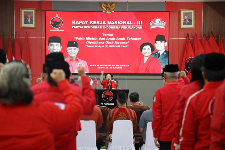 Ketua Umum PDI-P Megawati Soekarnoputri saat membuka Rapat Kerja Nasional (Rakernas) III PDI-P, di Sekolah Partai, Lenteng Agung, Jakarta, Selasa (6/6/2023).
