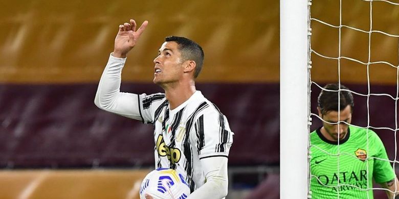 Ekspresi Cristiano Ronaldo setelah membobol gawang AS Roma, Senin (28/9/2020) dini hari WIB, melalui titik penalti.