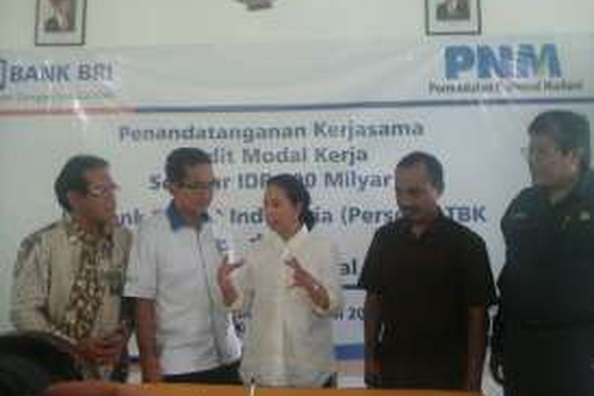 Menteri BUMN Rini Soemarno mengunjungi sentra peternakan burung puyuh di Sukabumi, Jawa barat, Selasa (19/4/2016). Menteri Rini juga menyaksikan penandatanganankerja sama antara BRI dengan PT Permodalan Nasional Madani (Persero) untuki pemberian modal usaha yang akan disalurkan PNM ke UMKM. 