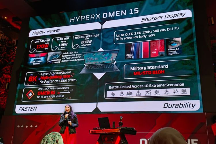 Fitur unggulan HP HyperX Omen 15 dijelaskan Presiden Direktur HP Indonesia, Juliana Cen dalam acara peluncuran HP HyperX Omen di Lavva, Plaza Senayan, Jakarta Pusat, Selasa (10/2/2026).