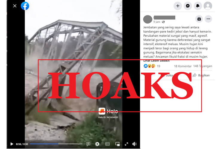 Tangkapan layar unggahan dengan narasi hoaks di sebuah akun Facebook, Kamis (20/10/2022), soal video jembatan ambruk di Kandangan, Kabupaten Kediri yang mengarah ke daerah Pare. Faktanya, video berlokasi di NTT.