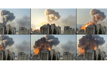 Kombinasi gambar yang dibuat dari cuplikan tayangan UGC memperlihatkan bola api dan kepulan asap saat terjadinya ledakan di kawasan pelabuhan di Beirut, Ibu Kota Lebanon, Selasa (4/8/2020). Sebanyak 73 orang tewas dan ribuan lainnya dilaporkan terluka dari insiden dua ledakan besar yang mengguncang Beirut tersebut.
