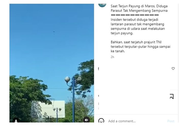 Video viral detik-detik anggota TNI jatuh saat terjun payung karena parasut tidak mengembang
