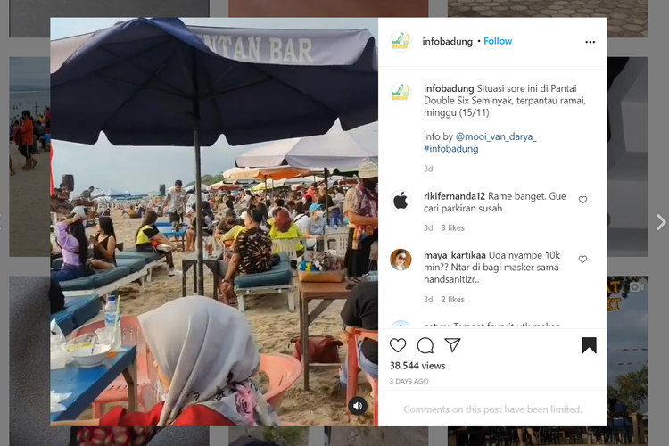 Tangkapan layar akun Instagram @infobadung yang memperlihatkan keramaian wisatawan di Pantai Double Six, Bali.