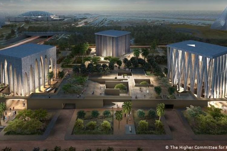 Desain kompleks multiagama yang disebut Rumah Keluarga Agama Abraham, yang sedang dalam tahap pembangunan di Abu Dhabi.