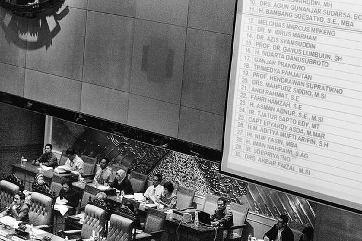 Tiga puluh nama anggota DPR yang menjadi anggota tim engawas tindak lanjut rekomendasi Panitia Khusus DPR tentang Hak Angket Bank Century terpampang di layar saat rapat paripurna di Gedung MPR/DPR, Jakarta, Selasa (27/4). Agenda rapat adalah mengumumkan pembentukan Tim Pengawas Kasus Bank Century.