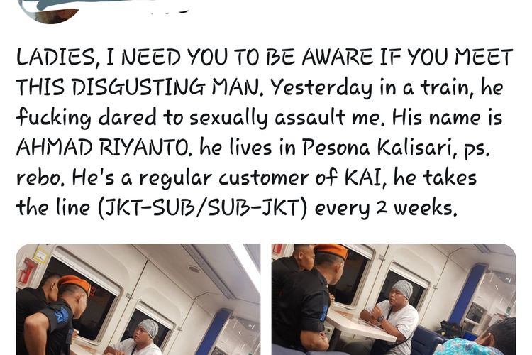Seorang penumpang wanita mengalami pelecehan seksual dalam perjalanan kereta api jurusan Jakarta-Surabaya pada Senin (22/4/2019). Peristiwa tersebut diceritakan penumpang tersebut melalui akun twitter pribadinya @xr**by. 