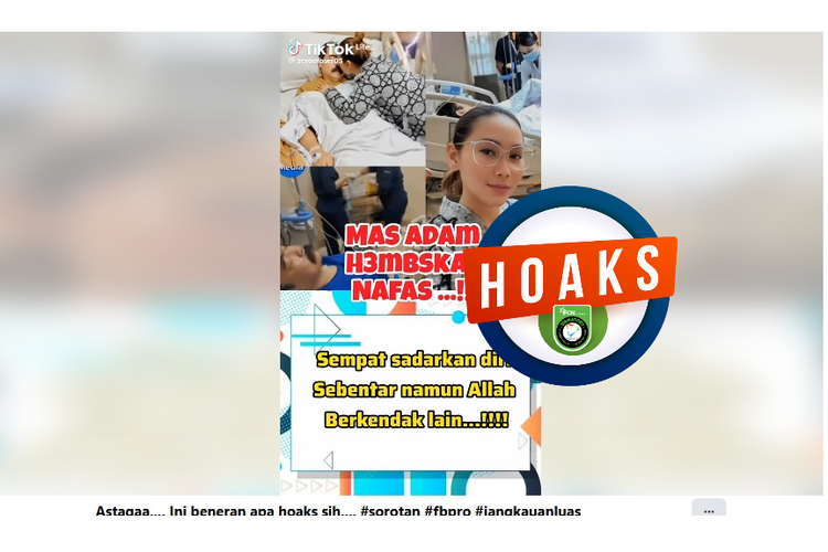 Tangkapan layar Facebook narasi yang mengeklaim Adam Suseno meninggal dunia pada 1 Juli 2025