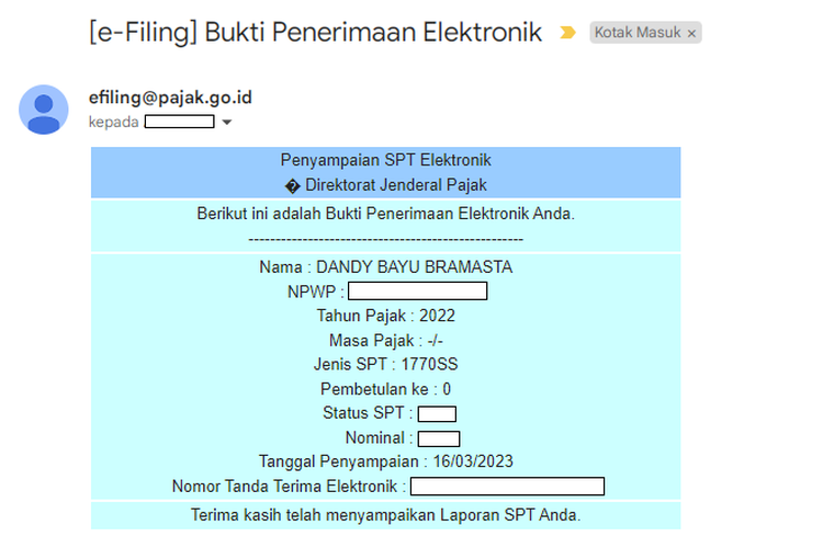 Tangkapan layar bukti penerimaan elektronik.