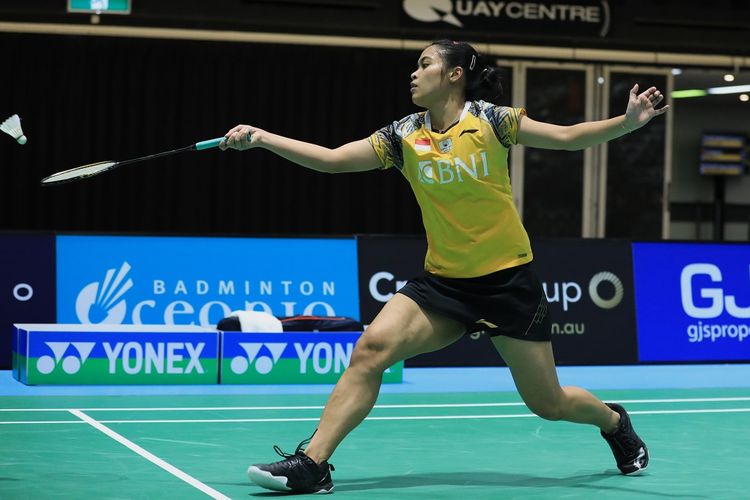 Tunggal putri Indonesia Gregoria Mariska Tunjung saat tampil melawan wakil Jepang, Saena Kawakami, pada perempat final atau 8 besar Australian Open 2022 di  Quay Centre, Sydney, Australia, Jumat (18/11/2022).