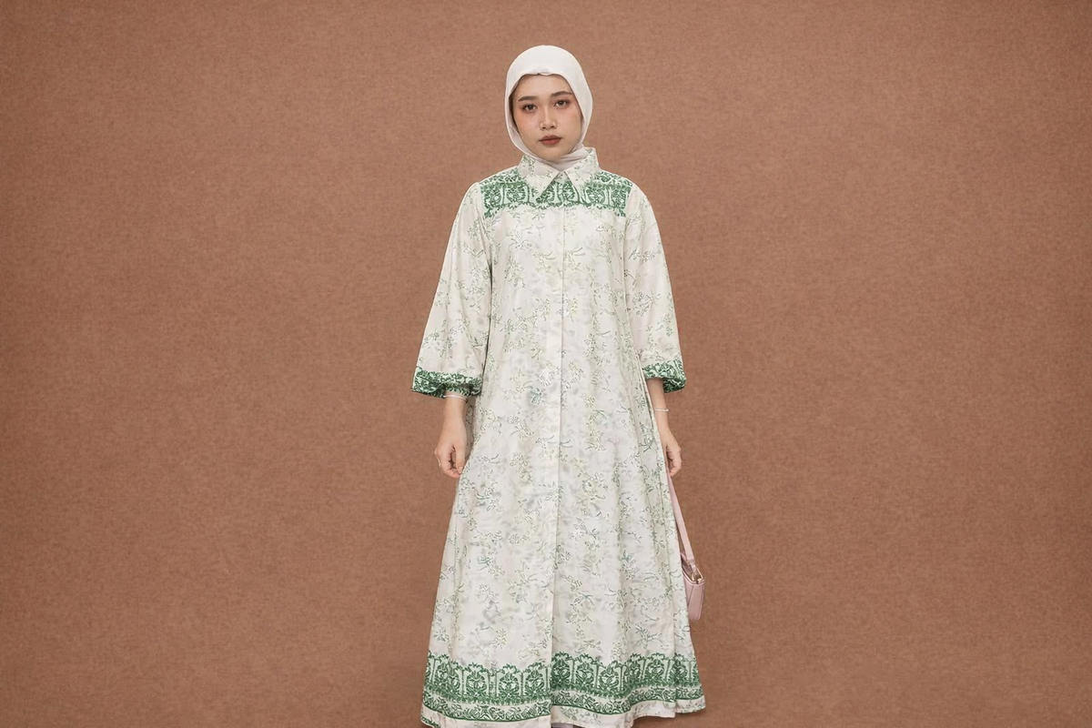 Gamis Krem Motif Floral Minimalis