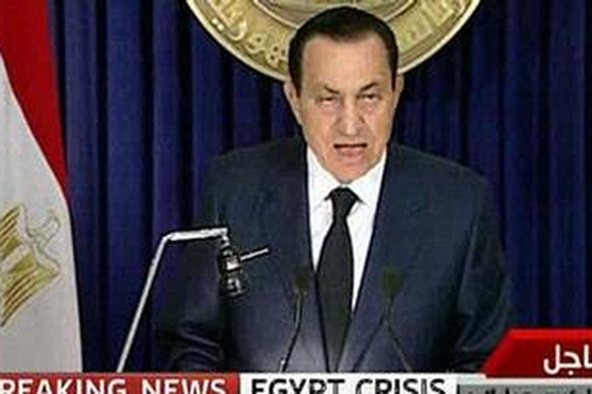 Going: President Mubarak announced his plan to step aside in a televised address last night 