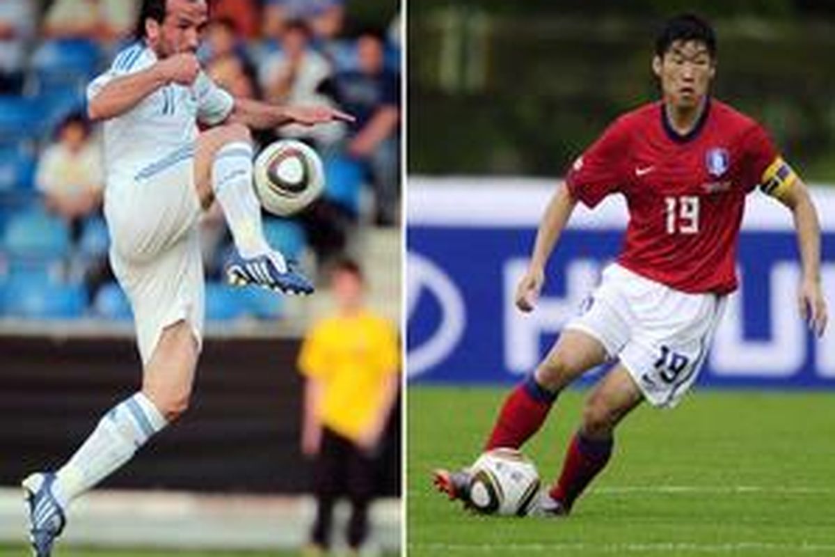 Pemain Yunani Theofanis Gekas (kiri) dan kapten Korea Selatan Park Ji-Sung, akan jadi andalan timnya ketika mereka bertemu dalam laga perdana penyisihan Grup B Piala Dunia 2010, Sabtu (12/6/10).