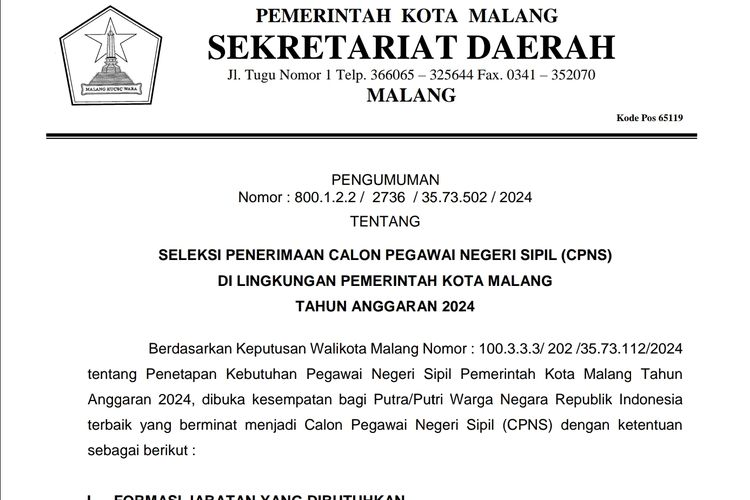 Pengumuman seleksi dan formasi CPNS 2024 di lingkungan Pemerintah Kota Malang.