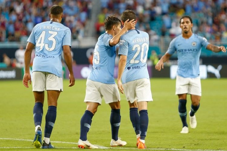 Para pemain Manchester City merayakan gol Bernardo Silva ke gawang Bayern Muenchen di Stadion Hard Rock, Miami, 28 Juli 2018. 