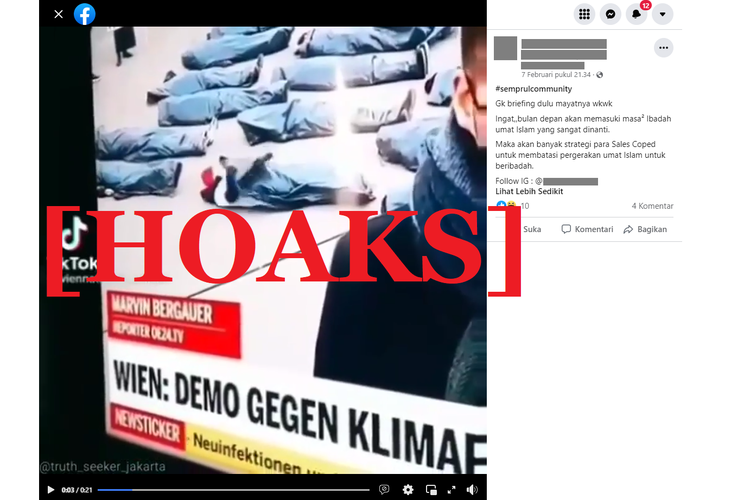Tangkapan layar unggahan hoaks di sebuah akun Facebook, tentang video yang menampakkan kantong mayat bergerak yang dikaitkan dengan pandemi Covid-19.