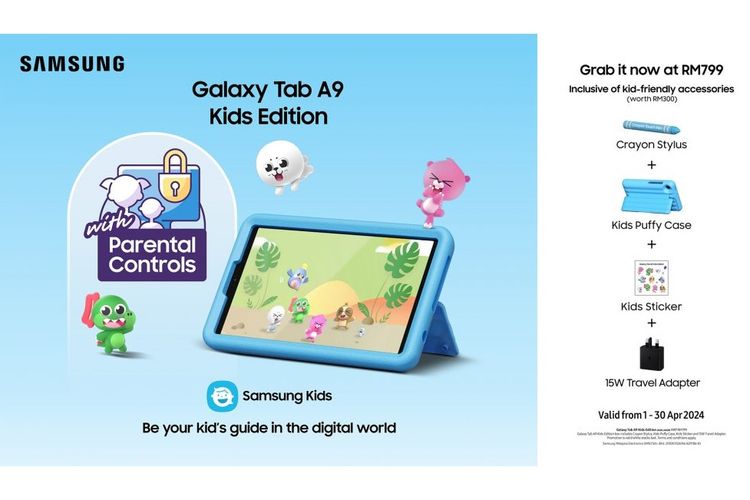 Samsung Galaxy Tab A9 Kids Edition meluncur di Malaysia. Tablet khusus anak-anak ini dibekali aplikasi Samsung Kids seharga 799 ringgit atau sekitar Rp 2,6 juta.
