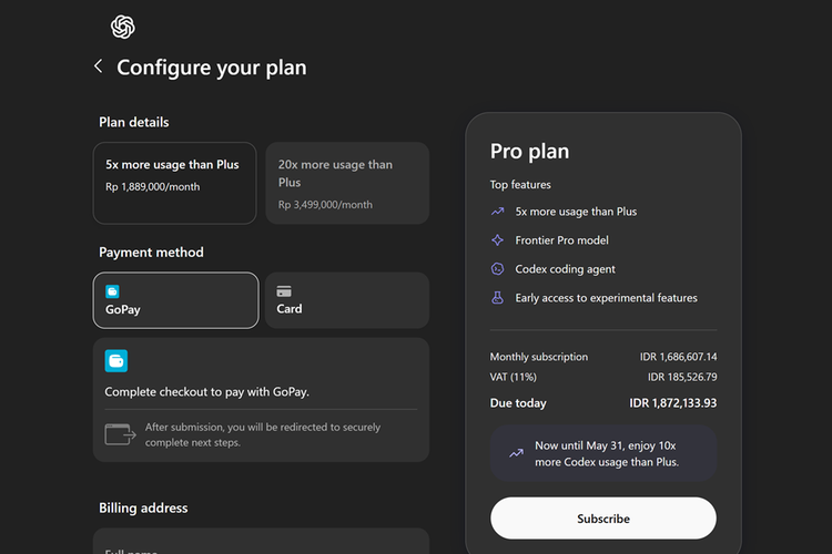 Tampilan paket ChatGPT Pro murah yang sudah tersedia di Indonesia