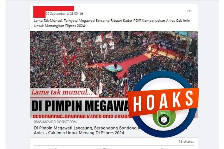 Tangkapan layar Facebook narasi yang menyebut Megawati dan ribuan kader PDI-P mengkampanyekan Anies dan Cak Imin di Pilpres 2024