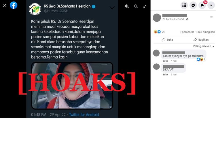Tangkapan layar unggahan hoaks di sebuah akun Facebook, mengenai pasien RSJ Dr. Soeharto Heerdjan yang kabur.