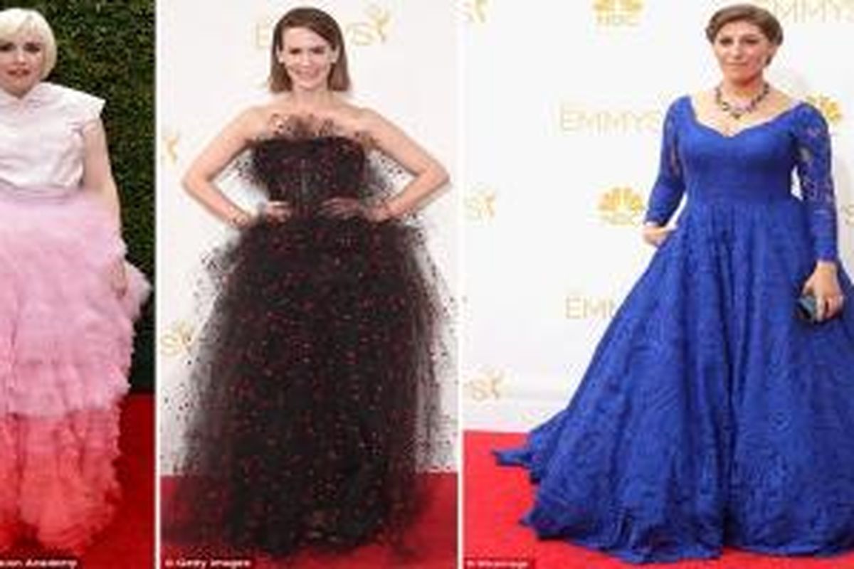 Lena Dunham, Sarah Paulson, dan Mayim Bialik. Tiga aktris dengan busana terburuk di Emmy Awards 2014. 