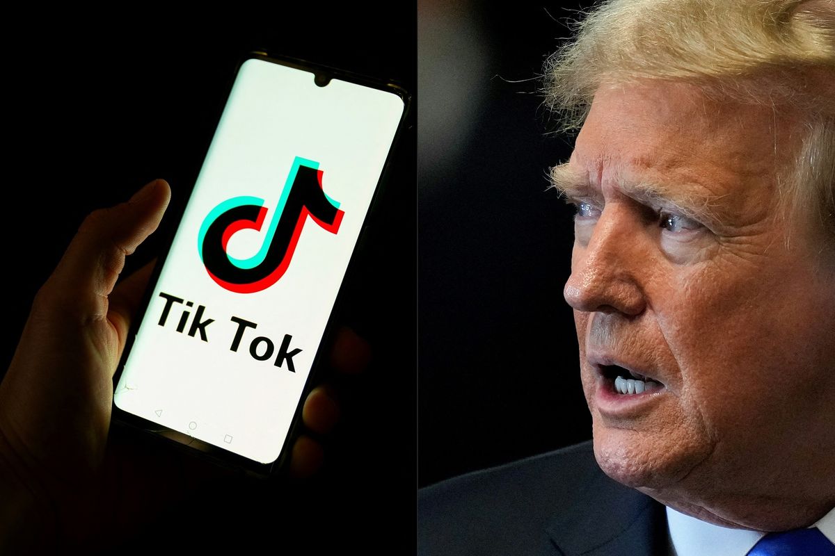 Logo TikTok (kiri) dan Presiden Amerika Serikat Donald Trump (kanan) saat tiba di Pengadilan Pidana Manhattan pada 30 Mei 2024.