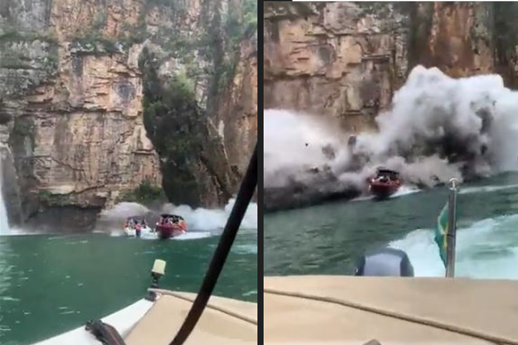 Tangkap layar video sebuah bongkahan batu raksasa tiba-tiba terlepas dari dinding ngarai dan menabrak beberapa perahu wisatawan, dan membuat gelombang besar di Danau Furnas, dekat Capitolio, Brasil.