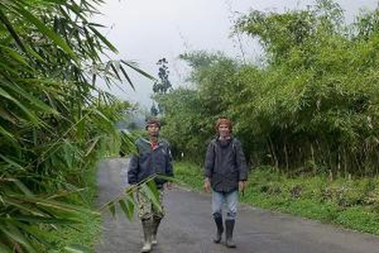 Deni Kusnadi, staf Landscape Dusun Bambu (kiri), dan Ketua Forum Penyelamat Lingkungan Hidup Jawa Barat Thio Setiowekti, beberapa waktu lalu, berjalan di jalan masuk Dusun Bambu, Desa Kertawangi, Cisarua, Bandung Barat, Jawa Barat, yang dirimbuni dedaunan bambu. Bambu yang tumbuh di kiri dan kanan jalan didesain sedemikan rupa agar membentuk terowongan bambu. 