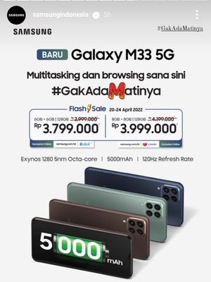 Samsung mengumumkan kehadiran Galaxy M33 5G di Indonesia. Ponsel ini akan mulai bisa dibeli pada 20 April 2022. 