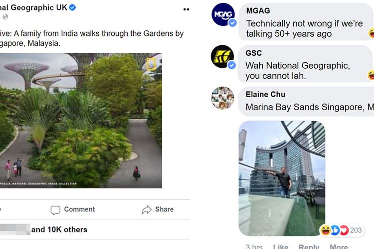 Tangkapan layar dari akun Facebook National Geographic UK yang menuliskan bahwa Singapura berada di Malaysia, pada 28 Agustus 2022.