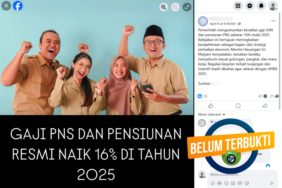 Tangkapan layar unggahan dengan narasi keliru di sebuah akun Facebook, 8 April 2024, mengenai kenaikan gaji PNS sebesar 16 persen pada April 2025.