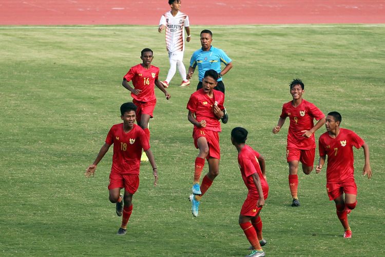 Pencetak dua gol untuk Timnas U16 Indonesia , Marselino saat ujicoba melawan tim juara Soreatin 2019 U-17 PSBK Blitar yang berakhir dengan skor 5-1 di Stadion Gelora Delta Sidoarjo, Jawa Timur, Kamis (23/01/2020) sore.