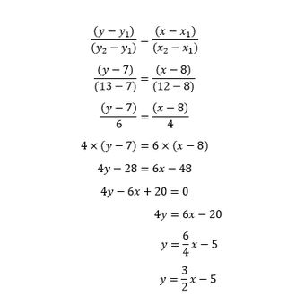 Perhitungan persamaan garis yang melalui titik (8, 7) dan (12, 13)