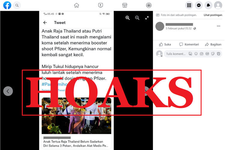 Tangkapan layar unggahan dengan narasi hoaks di sebuah akun Facebook, 5 Februari 2023, yang menyebut bahwa Putri Kerajaan Thailand, Bajrakitiyabha Narendiradebyavati koma akibat booster Covid-19 Pfizer.