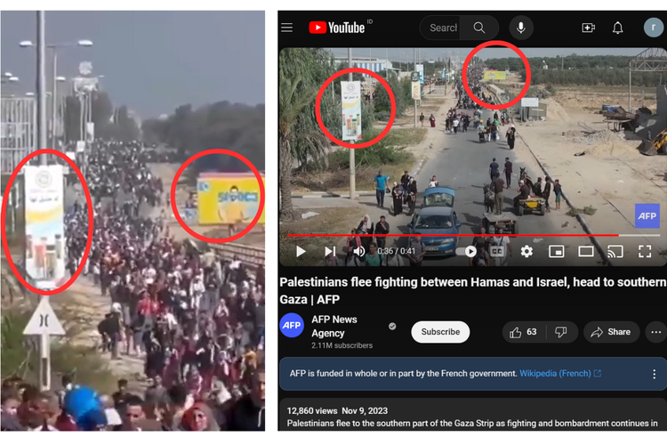 Perbandingan video di Facebook dan YouTube AFP, menampilkan kesamaan beberapa elemen dalam video, yakni dua papan reklame yang menunjukkan video diambil di lokasi yang sama.
