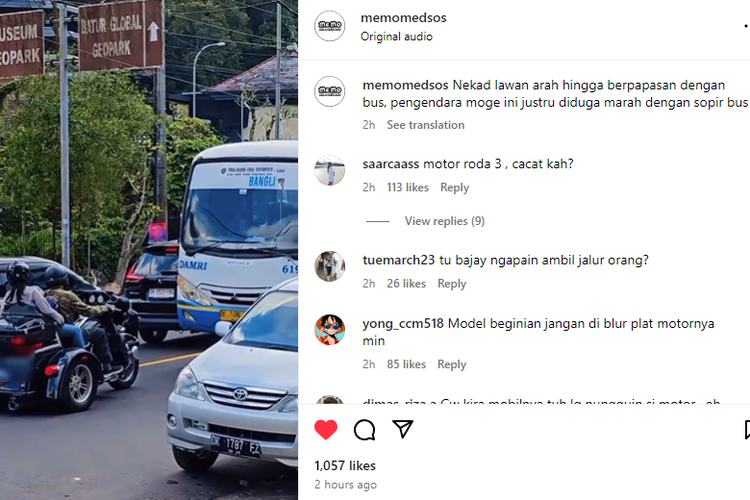 Pengendara moge nekat lawan arah dan berpapasan dengan Bus Damri.