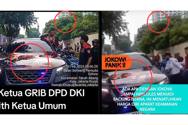 Tangkapan layar perbandingan foto video di TikTok dan Facebook soal ombongan Grib di depan Hotel Mulia di Jalan Asia Afrika Senayan, Tanah Abang, Jakarta Pusat.